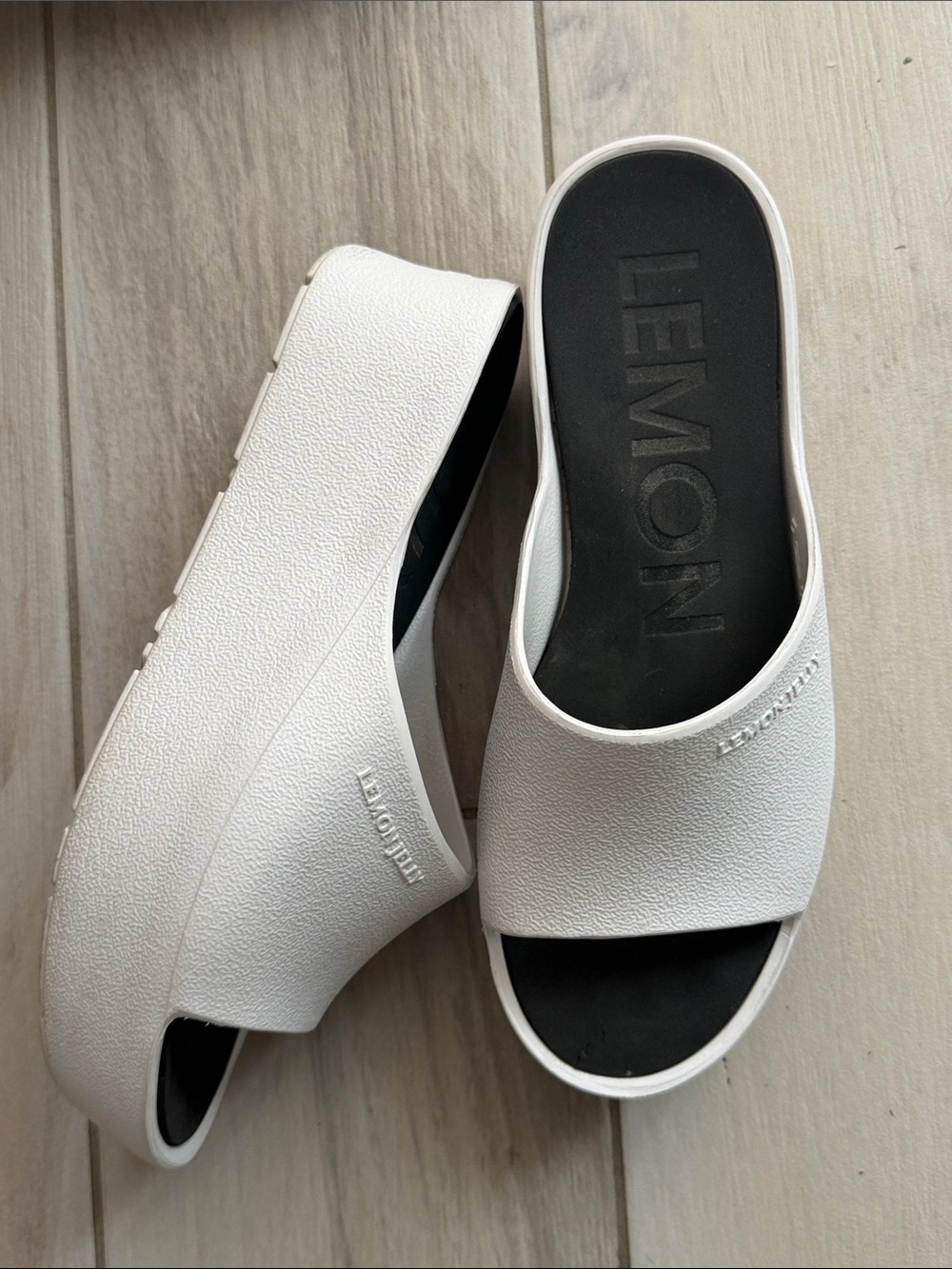 Lemon White Slip-On Platform Mules with Black Footbed